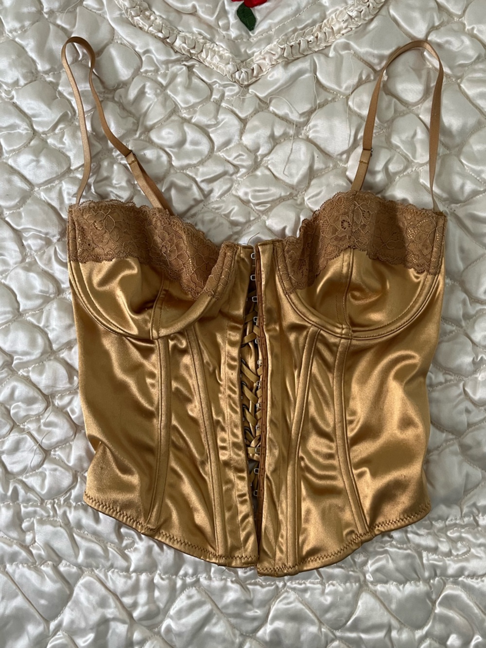 Urban Outfitters Satin Lace Corset Top in Warm Gold
